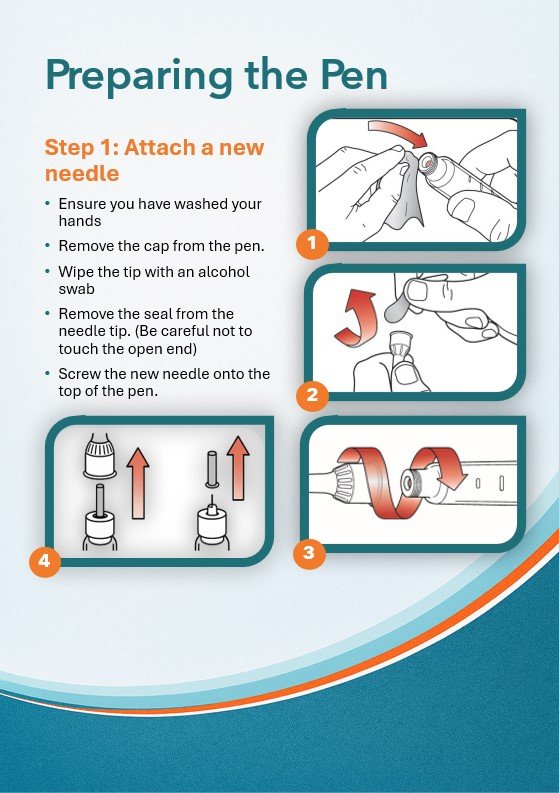 Prepare the pen by cleaning the tip and securely attaching a new sterile needle.